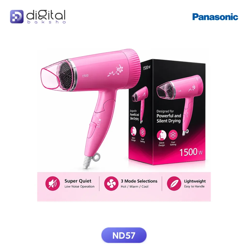 Panasonic ND57 EH- Hair Dryer 1500W, Angled hair dryer with box and labels