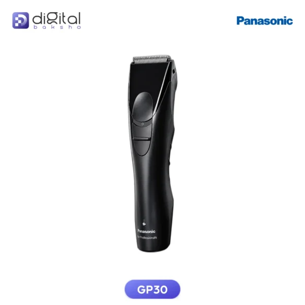 Panasonic GP30 ER- Corded & Cordless Hair Clipper, front view black clipper with blade and button