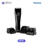 Panasonic GP30 ER- Corded & Cordless Hair Clipper, Front view of black trimmer and comb attachments