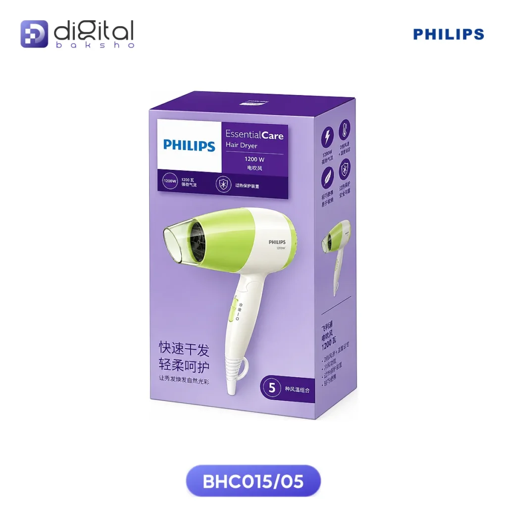 Philips BHC015/05 Essential Care 1200 Hair Dryer, Angled product box front, side, dryer image