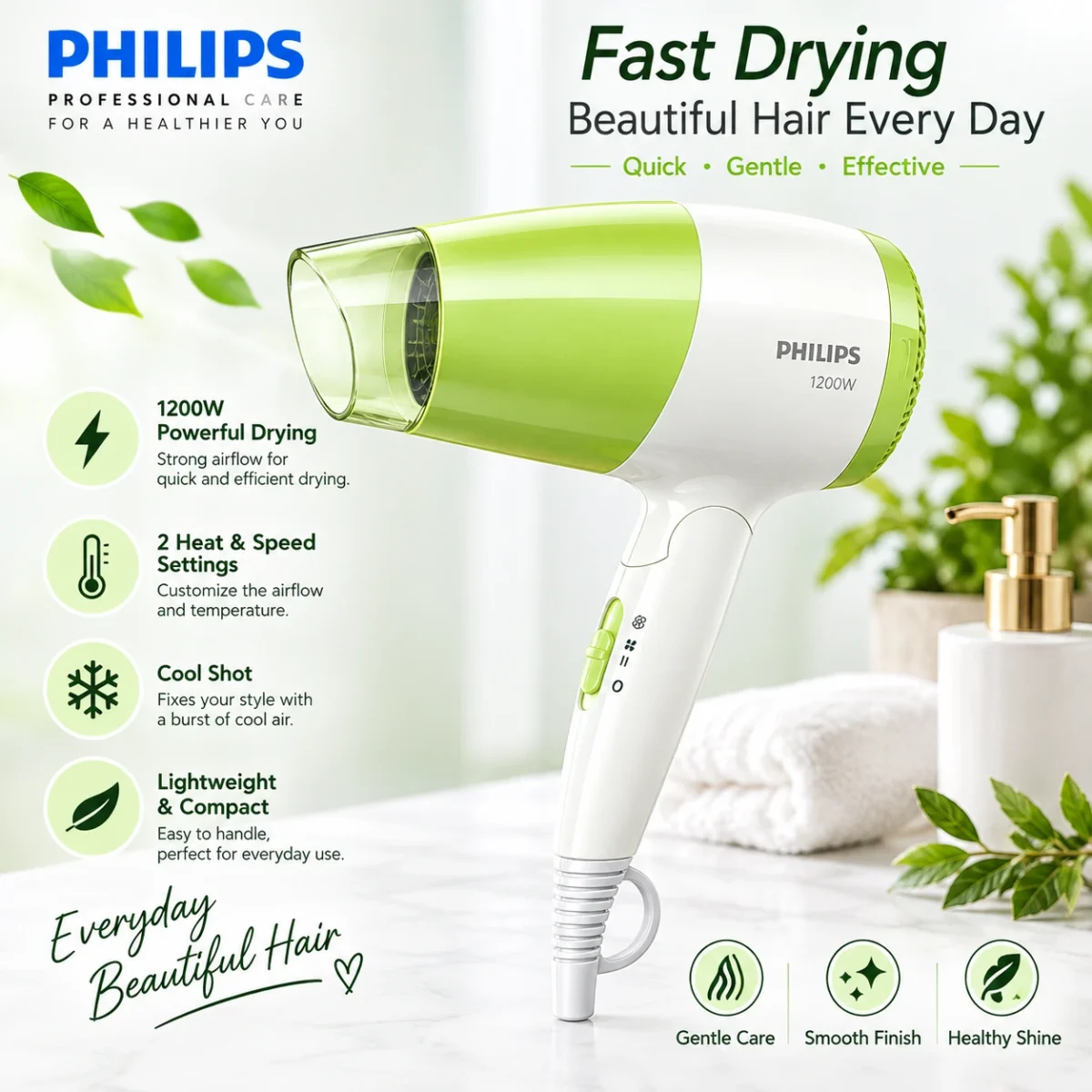 Philips BHC015/05 Essential Care 1200 Hair Dryer, Angled side view of white and green hair dryer