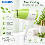 Philips BHC015/05 Essential Care 1200 Hair Dryer, Angled side view of white and green hair dryer
