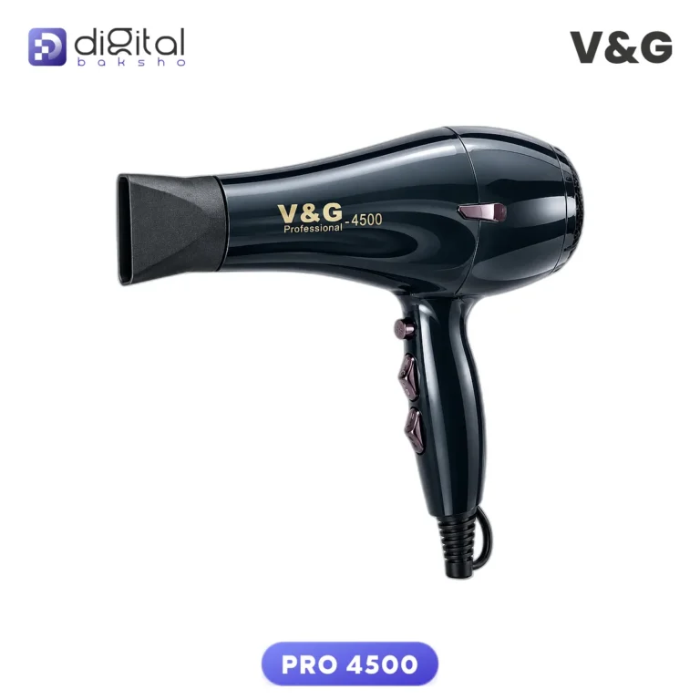 V&G PRO 4500 Professional Hair Dryer 2000 Watts, Side view black hair dryer with nozzle and buttons