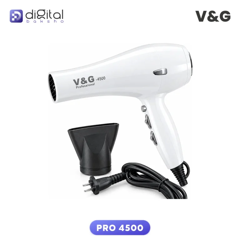 V&G PRO 4500 Professional Hair Dryer 2000 Watts, Side view with black concentrator nozzle and cord