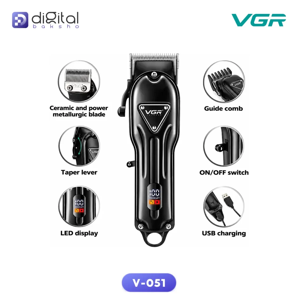 VGR V-051 Professional Trimmer for Men with ceramic and powder metallurgic blade, USB cord and cordless use, available at DigitalBaksho in Bangladesh.