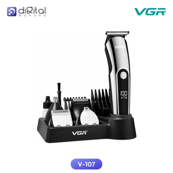 VGR V-107 (11-in-1) Grooming Kit IPX6 Waterproof, Front view with trimmer, stand, attachments, LCD display