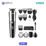 VGR V-107 (11-in-1) Grooming Kit IPX6 Waterproof, Front view of trimmer with attachments and charger