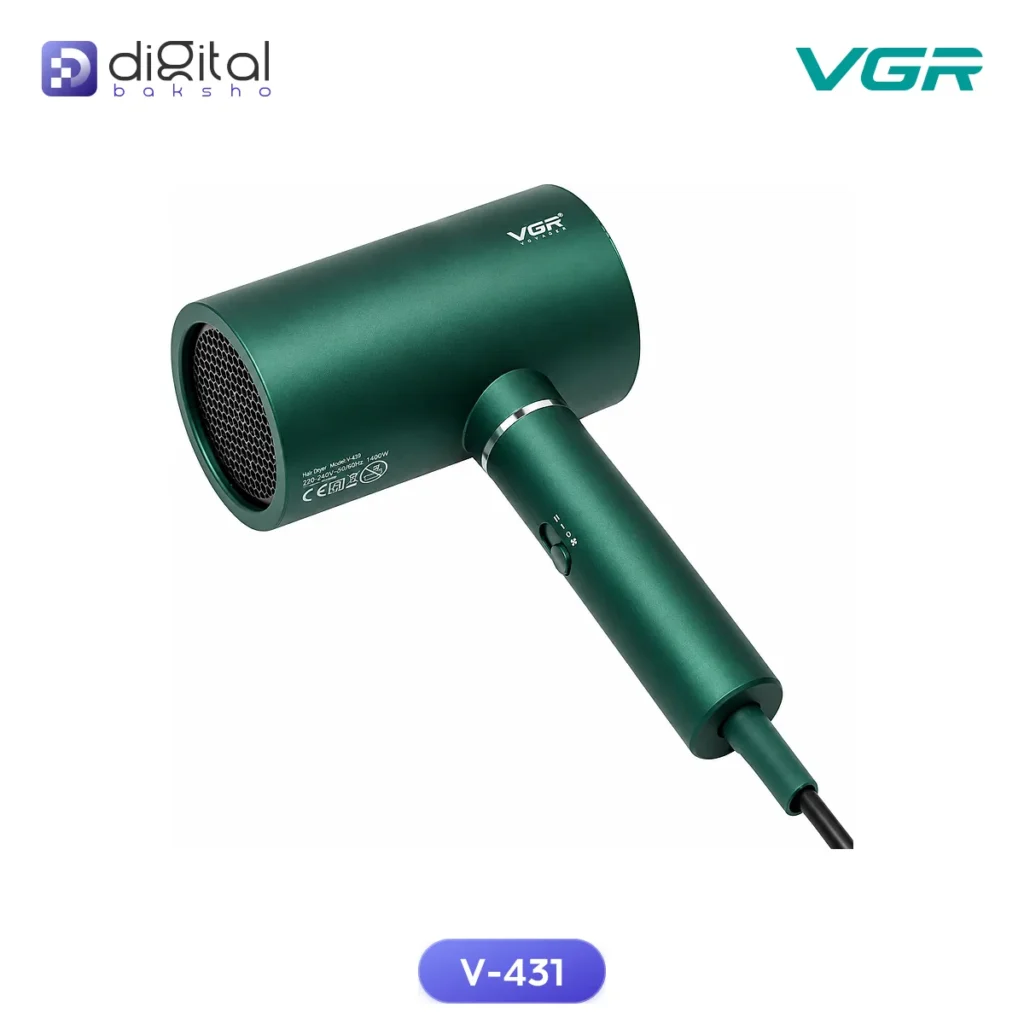 VGR V-431 Professional Hair Dryer with 1600–1800W, Angled view with front grille and handle