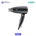 VGR V-439 Professional Foldable Hair Dryer 1600W, Angled side view, black hair dryer, nozzle