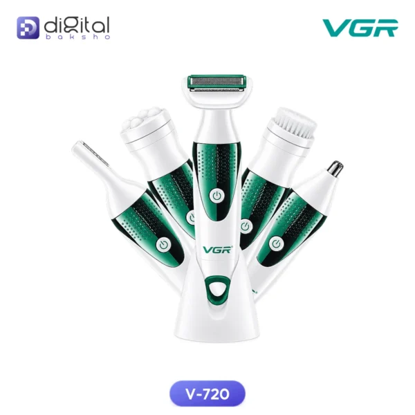 VGR V-720 5-in-1 Professional Lady Care Set, Front view, multiple trimmer heads and base
