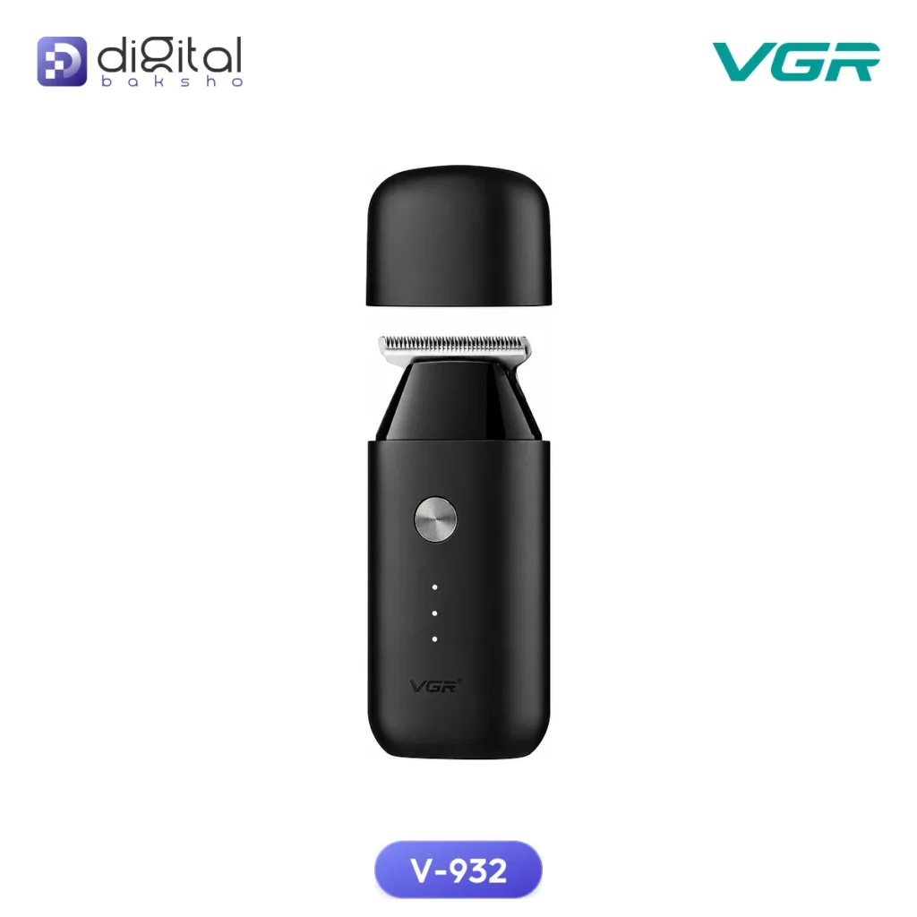 VGR V-932 Rechargeable Pocket Trimmer for Men, Front view, detached cap, blade, button, three dots
