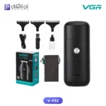 VGR V-932 Rechargeable Pocket Trimmer for Men, Front view: shaver, box, guards, cable, brush, pouch, bottle