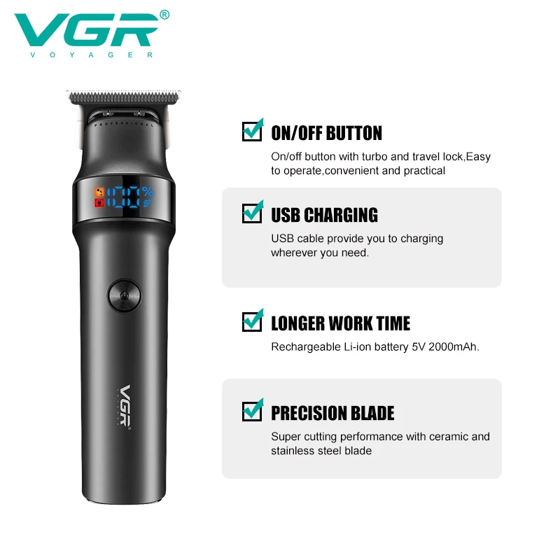 VGR V-987 Hair & Beard Trimmer, Front view with digital display, blade, button